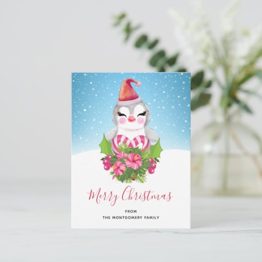サンタハットホリデーの可愛いクリスマスペンギン シーズンポストカード (スタンド正面)