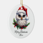 サンタハットホリーの可愛いスノーフクロウカスタムル セラミックオーナメント (右)