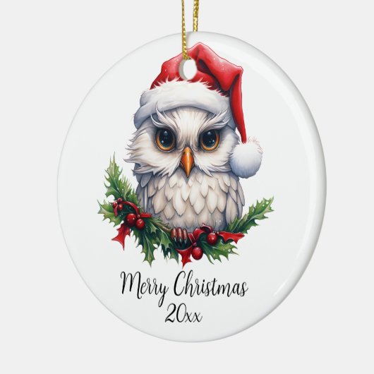 サンタハットホリーの可愛いスノーフクロウカスタムル セラミックオーナメント (左)
