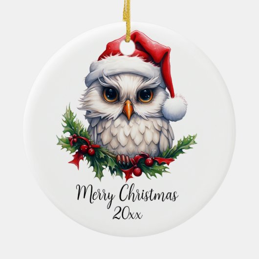 サンタハットホリーの可愛いスノーフクロウカスタムル セラミックオーナメント (裏面)