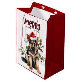 サンタハットホリードイツ羊飼い子犬のクリスマス ミディアムペーパーバッグ