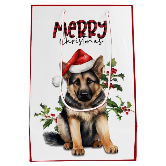 サンタハットホリードイツ羊飼い子犬のクリスマス ミディアムペーパーバッグ (裏面)