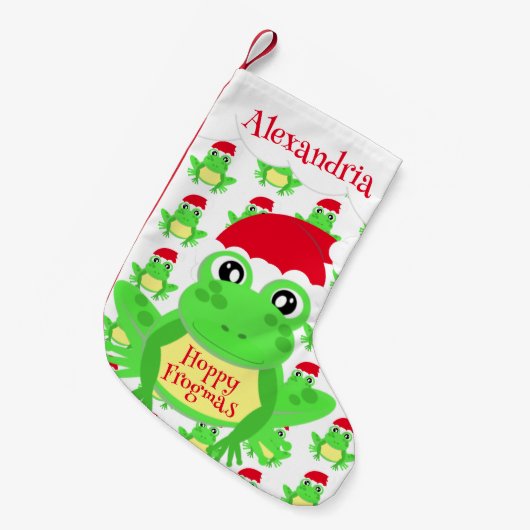 サンタハットホワイトカエル漫画のパターン名ノベルティ スモールクリスマスストッキング (正面 (吊り時))