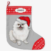 サンタハットホワイトポメラニア犬スノーフレーク縁ど ラージクリスマスストッキング (正面)