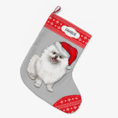 サンタハットホワイトポメラニア犬スノーフレーク縁ど ラージクリスマスストッキング (正面 (吊り時))