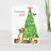サンタハットボクサー犬とクリスマスツリー シーズンカード (正面)