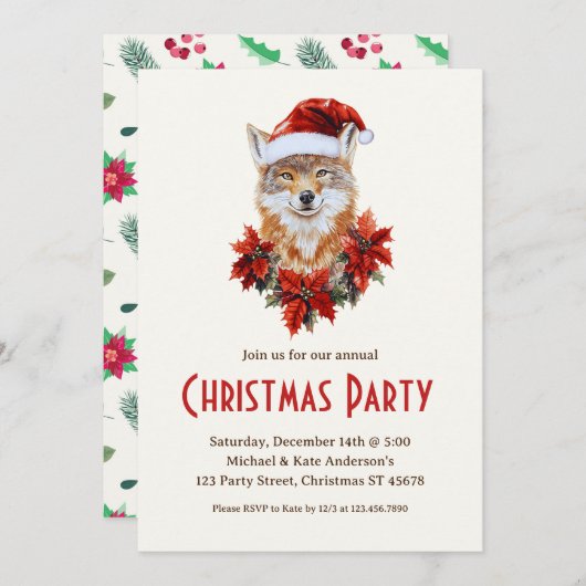 サンタハットポインセティアスのクリスマスパーティーにコヨーテ 招待状 (正面/裏面)