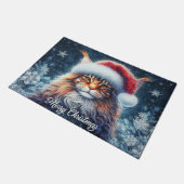 サンタハットメリークリスマスとメインのクーンキャット ドアマット (アングル)