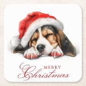 サンタハットメリークリスマスの可愛い犬 スクエアペーパーコースター (正面)