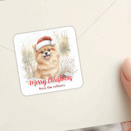 サンタハットメリークリスマスの水彩ポメラニア犬 スクエアシール