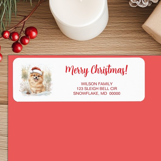 サンタハットメリークリスマスの水彩ポメラニア犬 ラベル