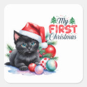 サンタハットメリークリスマスの黒猫 スクエアシール (正面)
