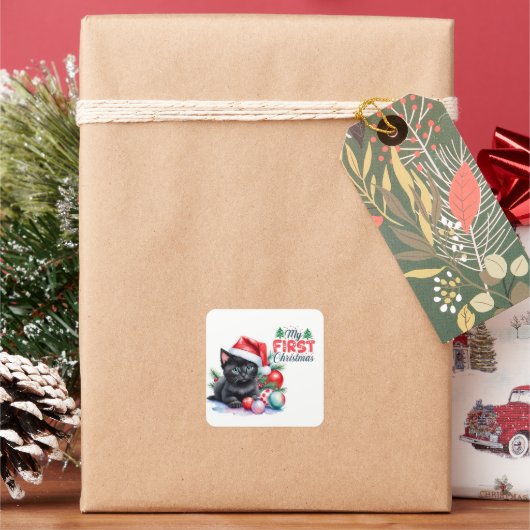 サンタハットメリークリスマスの黒猫 スクエアシール (クリスマス)