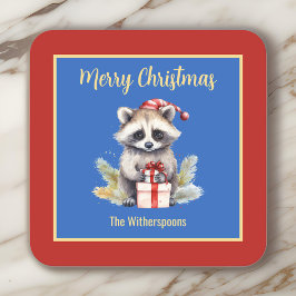 サンタハットメリークリスマスを迎えるかわいいアライグマ スクエアペーパーコースター