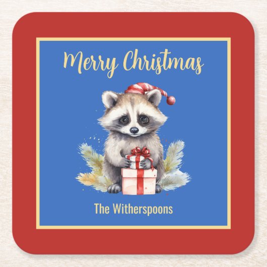 サンタハットメリークリスマスを迎えるかわいいアライグマ スクエアペーパーコースター (正面)