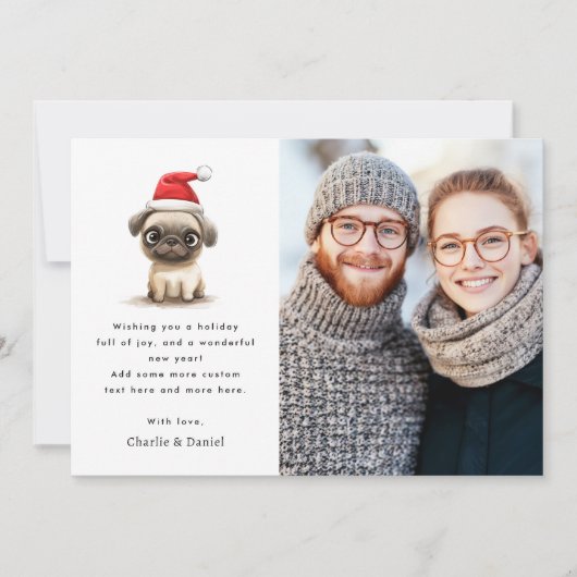 サンタハットメリークリスマスフォトの可愛いパグ シーズンカード (正面)