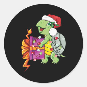 サンタハットメリークリスマスライトを着たウミガメ ラウンドシール