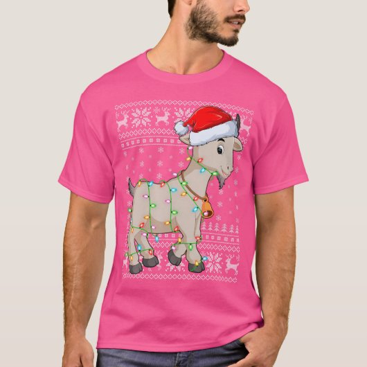 サンタハットヤギクリスマス照明醜いヤギのクリスマス Tシャツ (正面)