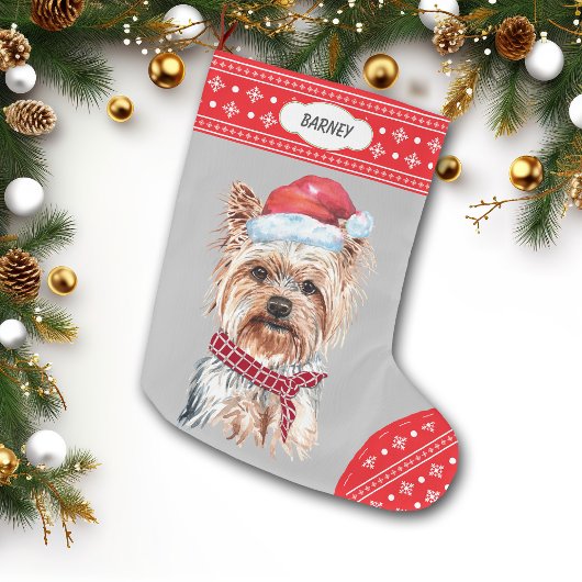 サンタハットヨークシャーテリアスノーフレーク縁ど ラージクリスマスストッキング