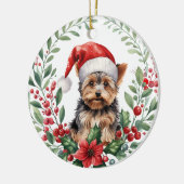 サンタハットヨークシャーテリアポインセティアリース セラミックオーナメント (左)
