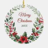 サンタハットヨークシャーテリアポインセティアリース セラミックオーナメント (裏面)