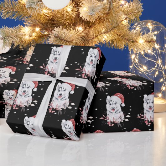 サンタハットラッピング付きクリスマスハスキー紙 ラッピングペーパー (クリスマス)