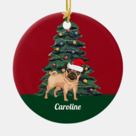 サンタハットレッドのかわいいクリスマスパーソナライズされたのパグ セラミックオーナメント