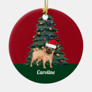 サンタハットレッドのかわいいクリスマスパーソナライズされたのパグ セラミックオーナメント