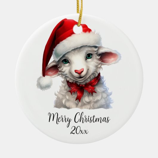 サンタハットレッドボウのメリークリスマスヒツェカスタムツ セラミックオーナメント (正面)