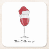 サンタハットワイングラスパーソナライズされたホリデーパーティー スクエアペーパーコースター (正面)