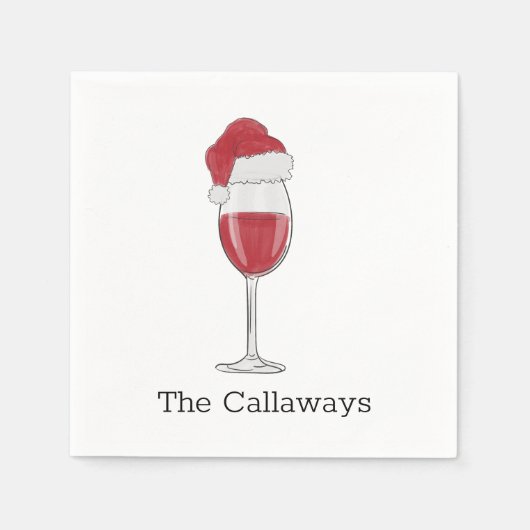 サンタハットワイングラスパーソナライズされたホリデーパーティー スタンダードカクテルナプキン (正面)