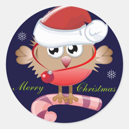 サンタハット付きかわいいクリスマスボタン – 鳥と文字 ラウンドシール (正面)