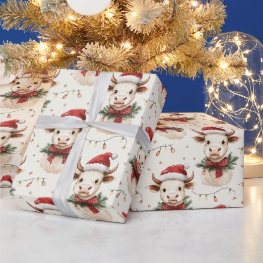 サンタハット付きクリスマスカウ ラッピングペーパー (クリスマス)