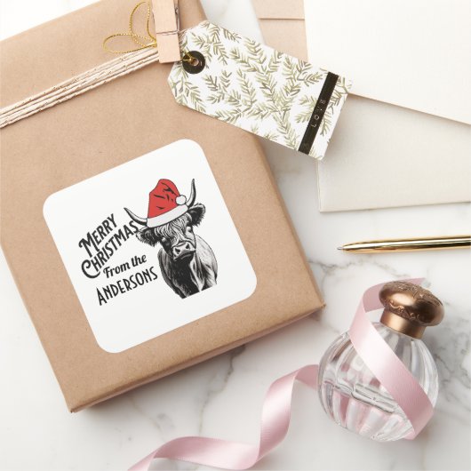 サンタハット付きクリスマスハイランド牛 スクエアシール (ギフト)
