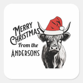 サンタハット付きクリスマスハイランド牛 スクエアシール