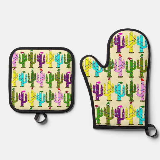 サンタハット付きサボテンのクリスマス 鍋つかみ&鍋敷きセット (正面)