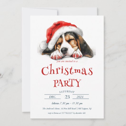 サンタハット付き可愛い犬クリスマスパーティー 招待状 (正面)