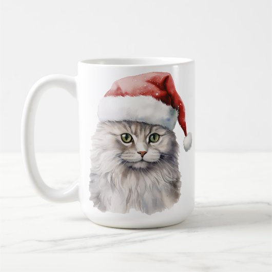 サンタハット付き毛のふわふわ白ネコ コーヒーマグカップ (左)
