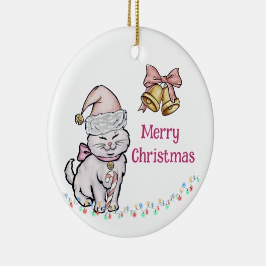 サンタハット名前をカスタムするの可愛いクリスマスの子猫 セラミックオーナメント (右)