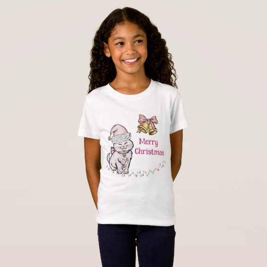 サンタハット名前をカスタムするの可愛いクリスマスの子猫 Tシャツ (正面フル)