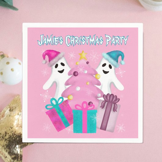 サンタハット幽霊とクリスマスツリー&プレゼント スタンダードカクテルナプキン