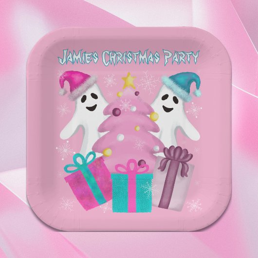 サンタハット幽霊とクリスマスツリー&プレゼント ペーパープレート