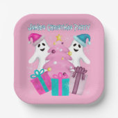 サンタハット幽霊とクリスマスツリー&プレゼント ペーパープレート (正面)