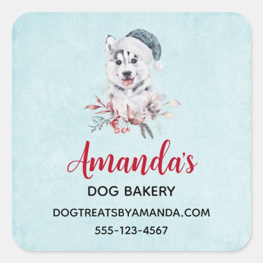 サンタハット業界のクリスマスハスキー犬 スクエアシール (正面)