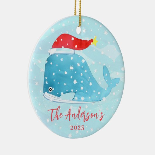 サンタハット沿岸クリスマス付き水色クジラ セラミックオーナメント (右)