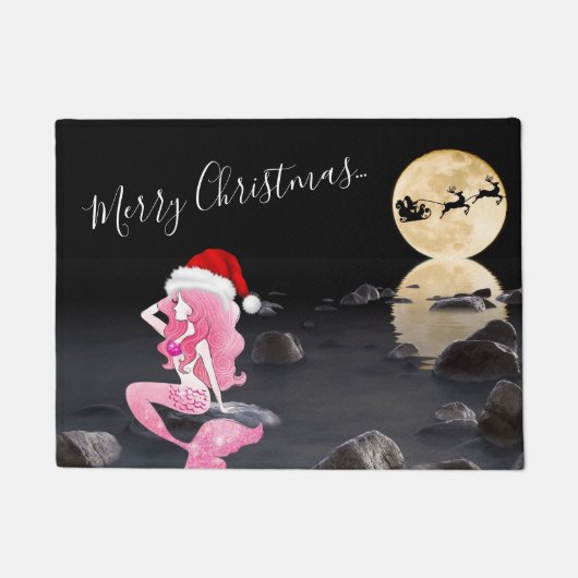 サンタハット満月メリークリスマスと人魚 ドアマット (正面)