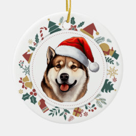 サンタハット秋田犬クリスマスイメージリース セラミックオーナメント