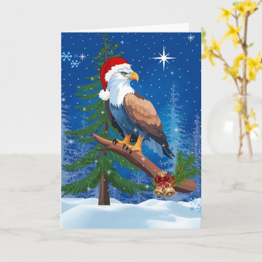 サンタハット雪のシーンを持つクリスマスイーグル カード (黄色い花)