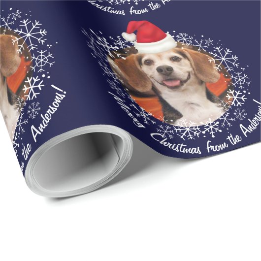 サンタハット雪の結晶でペットの写真ネイビークリスマス ラッピングペーパー (ロールコーナー)