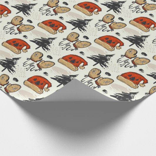 サンタハット、ミトン、木 ラッピングペーパー (角)